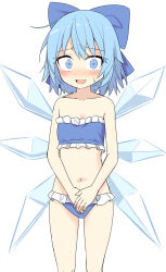 Rule 34 | 1girl, blue bow, blue bra, blue eyes, blue hair, blue panties, blush, bow, bra, cirno, collarbone, e.o., embarrassed, fairy, feet out of frame, hair bow, highres, ice, ice wings, looking at viewer, navel, open mouth, panties, short hair, simple background, solo, touhou, underwear, white background, wings