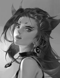 Rule 34 | 1girl, absurdres, aling (shanatans), bare shoulders, choker, earrings, from side, gradient background, grey background, greyscale, hair ornament, highres, jewelry, league of legends, long hair, looking at viewer, monochrome, necklace, parted lips, portrait, solo, zyra