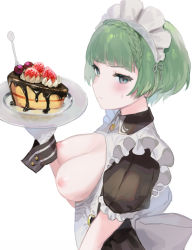 Rule 34 | 1girl, apron, black dress, blunt bangs, blush, breasts, breasts out, cake, closed mouth, dress, food, frilled apron, frills, from side, frown, gloves, green hair, grey eyes, holding, holding plate, last origin, looking at viewer, maid headdress, medium breasts, mel (dodosae), nipples, open clothes, open dress, plate, short sleeves, simple background, sweat, upper body, vanilla (last origin), waitress, white apron, white background, white gloves, wrist cuffs