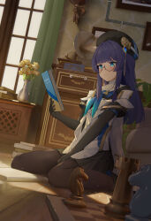 Rule 34 | 1girl, absurdres, beret, black hat, black shirt, blue eyes, blue hair, book, breasts, brown pantyhose, circle glasses, commentary request, couch, covered navel, curtains, day, dress, elbow gloves, feet out of frame, frilled dress, frills, glasses, gloves, hair between eyes, hair intakes, hand up, hat, highres, holding, holding book, honkai: star rail, honkai (series), indoors, long hair, miniskirt, pantyhose, partial commentary, pela (honkai: star rail), purple hair, shirt, short sleeves, sitting, skirt, sky, small breasts, smile, socks, solo, tagme, thighhighs, thighs, uniform, white dress, window, wood cube