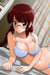 1girl :o arm_support artist_name blue_bra blue_panties blunt_bangs blush bra braid breasts brown_eyes brown_hair cleavage clenched_hand collarbone curtains dated dutch_angle glasses lace lace-trimmed_bra lace_trim long_hair looking_at_viewer lying matsui_yasutsugu medium_breasts navel on_bed on_side original panties parted_lips round_eyewear signature solo twin_braids twintails underwear underwear_only