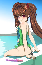 Rule 34 | 1boy, androgynous, anus, anus peek, ass, bare legs, bare shoulders, barefoot, blush, brown hair, bulge, clothing cutout, covered navel, embarrassed, erection, erection under clothes, green one-piece swimsuit, highres, long hair, long twintails, looking at viewer, looking back, looking to the side, m-eiji, navel cutout, nipples, one-piece swimsuit, pink eyes, precum, sex toy, sitting, smile, solo, swimsuit, taimanin (series), taimanin asagi, taimanin rpgx, trap, twintails, uehara shikanosuke, very long hair, water