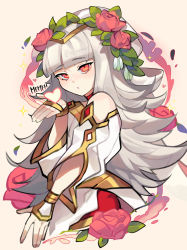 Rule 34 | 1girl, artist name, bare shoulders, choker, closed mouth, commentary, dress, english commentary, fire emblem, fire emblem heroes, flower, grey hair, hair flower, hair ornament, hat, heart, jewelry, leaf hair ornament, long hair, looking at viewer, memeh, nail, nintendo, official alternate costume, red choker, red eyes, red flower, red rose, rose, signature, simple background, solo, twitter username, upper body, veronica (fire emblem), very long hair, white dress, white hat, wide sleeves