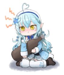 Rule 34 | :t, ahoge, angry, beret, blue bow, blue bowtie, blue coat, blue hair, blue skirt, blush, boots, bottle, bow, bowtie, braid, brown footwear, chibi, coat, elf, flower, frilled skirt, frilled thighhighs, frills, fur-trimmed boots, fur trim, hair between eyes, hair flower, hair ornament, half updo, hat, heart, heart ahoge, high heel boots, high heels, hololive, long hair, miniskirt, pleated skirt, pointy ears, pout, sake bottle, skirt, snowflake hair ornament, snowflake print, solo, thighhighs, tonton (tonz159), very long hair, virtual youtuber, white hat, white thighhighs, yellow eyes, yukihana lamy