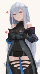 Rule 34 | 1girl, absurdres, arknights, bare shoulders, black dress, black gloves, black legwear, black shorts, blush, breast hold, breasts, closed mouth, cowboy shot, detached sleeves, dolri, dress, eyebrows hidden by hair, fang, gloves, hair between eyes, heart, highres, long hair, looking to the side, md5 mismatch, medium breasts, red eyes, resolution mismatch, shorts, silver hair, simple background, skadi (arknights), skadi (elite ii) (arknights), skin fang, solo, source smaller, standing, very long hair, white background