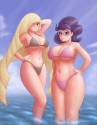 Rule 34 | 2girls, abs, absurdres, aether foundation, ass, beach, belly, bikini, blonde hair, blue sky, breasts, cleavage, cloud, creatures (company), day, female focus, game freak, glasses, green eyes, grey bikini, hand on hair, hand on own hip, highres, huge ass, huge breasts, large breasts, long hair, looking at viewer, lusamine (pokemon), mature female, midriff, multiple girls, navel, nintendo, one eye closed, pink bikini, pink glasses, pokemon, pokemon (anime), pokemon sm (anime), purple hair, saf-404, sky, smile, solo, swimsuit, thick female, thick thighs, thighs, underboob, very long hair, video game character, wicke (pokemon), wide hips, wink
