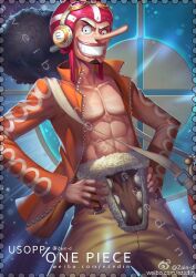 Rule 34 | 1boy, abs, artist name, black eyes, black hair, character name, clenched teeth, commentary, curly hair, earmuffs, facial hair, goatee, goggles, goggles on headwear, hands on own hips, hat, long hair, long nose, male focus, one piece, open clothes, smile, solo, teeth, usopp, watermark, web address, weibo logo, weibo watermark, zhang ding