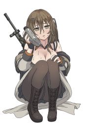 Rule 34 | 1girl, :o, assault rifle, black footwear, boots, breasts, brown eyes, brown hair, canister, cleavage, daewoo k2, fingerless gloves, full body, girls&#039; frontline, gloves, hair between eyes, hair ornament, hairpin, jacket, k2 (girls&#039; frontline), long hair, long sleeves, open mouth, pantyhose, simple background, solo, squatting, sweat, tab (tabkun), white background, white jacket