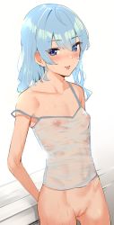 Rule 34 | 1girl, arms behind back, blue eyes, blue hair, blue panties, bottomless, breasts, camisole, cleft of venus, commentary, hair between eyes, hcz n, highres, hololive, hoshimachi suisei, leaning on object, long hair, looking at viewer, medium hair, nipples, panties, pussy, see-through, see-through shirt, shirt, sidelocks, small breasts, solo, star (symbol), star in eye, strap slip, sweat, symbol in eye, tongue, tongue out, underwear, virtual youtuber, wet, wet clothes, wet shirt, white camisole
