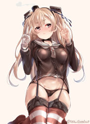 Rule 34 | 1girl, alternate costume, amatsukaze (kancolle), amatsukaze (kancolle) (cosplay), black panties, blush, breasts, brown dress, closed mouth, cosplay, double v, dress, gloves, gradient background, hair between eyes, headgear, johnston (kancolle), juurouta, kantai collection, light brown hair, long hair, looking at viewer, medium breasts, panties, sailor collar, sailor dress, school uniform, short dress, single glove, sitting, solo, striped clothes, striped thighhighs, thighhighs, underwear, v, wariza