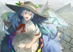 Rule 34 | 1girl, :d, black hat, blue dress, blue hair, bow, bowtie, bug, butterfly, buttons, clothes pull, dress, dress grab, dress pull, dress shirt, dutch angle, fami (yellow skies), food, frills, from above, fruit, hat, hat ribbon, head tilt, hinanawi tenshi, insect, long hair, neck ribbon, open mouth, peach, puffy short sleeves, puffy sleeves, rainbow gradient, rainbow order, red bow, red bowtie, red eyes, ribbon, rooftop, shirt, short sleeves, smile, solo, stairs, stone stairs, touhou, white ribbon, white shirt, wing collar