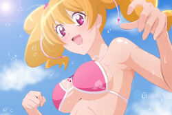 Rule 34 | 1girl, bikini, blue sky, breasts, brown hair, cloud, fresh precure!, fuchi (nightmare), large breasts, light blush, long hair, looking at viewer, momozono love, open mouth, outdoors, pink bikini, pink eyes, precure, sky, smile, solo, swimsuit, twintails, upper body