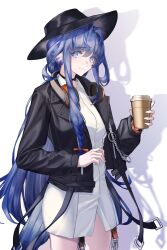Rule 34 | 1girl, 3 small spiders, absurdres, arknights, astesia (arknights), black collar, black headwear, black jacket, blue eyes, blue hair, braid, closed mouth, coffee cup, collar, cup, disposable cup, dress, feet out of frame, headphones, headphones around neck, highres, holding, holding cup, jacket, light smile, long hair, long sleeves, looking at viewer, shadow, solo, standing, very long hair, white background, white dress