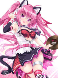 Rule 34 | 1girl, :d, animal ear fluff, animal ears, argyle, argyle clothes, argyle legwear, bare shoulders, beatmania, beatmania iidx, belt, belt buckle, black skirt, bra, breasts, buckle, cat ears, cat girl, cat tail, cleavage, collared shirt, commentary request, dress shirt, hair between eyes, hand up, headphones, highres, hinata momo, holding, honeycomb (pattern), honeycomb background, long hair, looking at viewer, medium breasts, mizushiro celica, open clothes, open mouth, open shirt, pink belt, pink hair, purple eyes, record, red bra, shirt, skindentation, skirt, sleeveless, sleeveless shirt, smile, solo, tail, thigh strap, thighhighs, twintails, underwear, very long hair, white background, white shirt