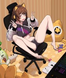 Rule 34 | 1girl, absurdres, animal ear headphones, animal ears, at computer, bad id, bad pixiv id, barefoot, black shorts, breasts, brown eyes, brown hair, cat ear headphones, chair, character request, clothes writing, controller, copyright request, cropped hoodie, cropped jacket, deliciousmeatart, drooling, facial mark, fake animal ears, female masturbation, fujoshi, full body, headphones, heart, heart-shaped pupils, highres, hood, hood down, hoodie, jacket, keyboard (computer), legs up, m legs, manga (object), masturbation, medium breasts, navel, office chair, open clothes, open jacket, pussy juice, remote control, short hair, short shorts, shorts, sitting, solo, spread legs, stealth masturbation, stuffed animal, stuffed cat, stuffed dog, stuffed toy, swivel chair, symbol-shaped pupils, teeth, toes, underboob, upper teeth only