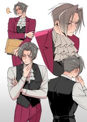Rule 34 | ..., 1boy, ace attorney, ascot, black vest, blush, brown eyes, brown hair, clenched teeth, curtained hair, embarrassed, feet out of frame, file, from behind, frown, full-face blush, hand on own chin, highres, holding own arm, jacket, looking to the side, male focus, miles edgeworth, neck blush, pants, pusna1031, red jacket, red pants, shirt, short hair, speech bubble, stroking own chin, sweat, teeth, v-shaped eyebrows, vest, white ascot, white background, white shirt