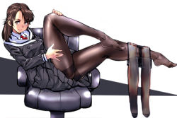 Rule 34 | 1girl, black pantyhose, breasts, brown eyes, brown hair, chair, commentary request, full body, grey skirt, hand on own thigh, kamisimo 90, knee up, medium breasts, necktie, original, pantyhose, pleated skirt, red necktie, shirt, simple background, sitting, skirt, smile, thighband pantyhose, underwear, white shirt