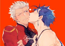 Rule 34 | 2boys, archer (fate), blue hair, blush, kissing cheek, crossed arms, cu chulainn (fate), dark skin, dark-skinned male, earrings, closed eyes, fate/grand order, fate/stay night, fate (series), gae bolg (fate), heart, jewelry, kiss, cu chulainn (fate/stay night), long hair, male focus, multiple boys, necklace, ponytail, red background, red eyes, topless male, tatsuta age, white hair, wince, yaoi