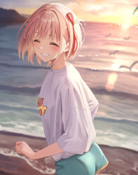 Rule 34 | 1girl, absurdres, beach, bird, blonde hair, blue shorts, blurry, blurry background, blush, breasts, closed eyes, cloud, cloudy sky, commentary request, evening, feathered wings, flying, fujizarashi, hair ribbon, highres, lips, lycoris recoil, medium breasts, nishikigi chisato, ocean, outdoors, red ribbon, ribbon, sand, shirt, short hair, short shorts, short sleeves, shorts, sky, smile, standing, sun, sunset, t-shirt, teeth, water, white shirt, wings, yellow sky