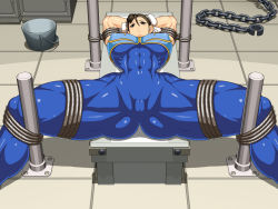 Rule 34 | 1girl, bdsm, bodysuit, bondage, bound, breasts, capcom, chun-li, extreme muscles, female focus, huge breasts, large breasts, muscular, ren (tainca2000), solo, spread legs, street fighter