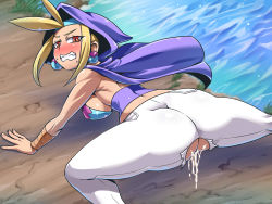 Rule 34 | blonde hair, blush, brown eyes, cape, censored, clothed sex, cum, earrings, from behind, highres, jewelry, looking back, shantae (series), sky (shantae), torn clothes, tukiwani, vaginal, wayforward