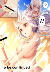 Rule 34 | !, !!, 1girl, ?, bar censor, bare shoulders, black scrunchie, blue sky, blush, breasts, brown eyes, censored, cleavage, closed mouth, cloud, collarbone, comic, commentary request, cow horns, cow tail, curled horns, day, exploding clothes, fate/kaleid liner prisma illya, fate (series), fingernails, hair between eyes, hair ornament, hair scrunchie, head tilt, highres, holding, holding wand, horns, identity censor, kaleidostick, large breasts, long hair, magical ruby, navel, nude, original, out-of-frame censoring, outdoors, red footwear, scrunchie, shoes, silent comic, silver hair, sky, smile, spoken question mark, star (symbol), sweat, tail, tatapopo, very long hair, wand