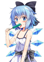 Rule 34 | 1girl, alternate costume, bare arms, bare shoulders, black bow, blue eyes, blue hair, blush, bow, breasts, cirno, commentary request, cowboy shot, dress, e.o., food, hair between eyes, hair bow, hand up, highres, holding, holding food, ice, ice wings, looking at viewer, open mouth, popsicle, sash, short hair, simple background, small breasts, solo, spaghetti strap, striped, sweat, tongue, tongue out, touhou, white background, white dress, wings