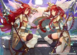 Rule 34 | 2girls, armor, belt, cape, closed mouth, company name, copyright name, cordelia (fire emblem), fingerless gloves, fire emblem, fire emblem awakening, fire emblem cipher, from side, gloves, hair ornament, holding, holding polearm, holding spear, holding weapon, kurosawa tetsu, long hair, looking to the side, moon, mother and daughter, multiple girls, night, night sky, nintendo, official art, outdoors, pegasus, polearm, red eyes, red hair, severa (fire emblem), sitting, sky, spear, star (sky), thighhighs, thighs, twintails, weapon, zettai ryouiki