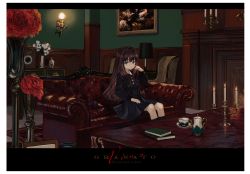 Rule 34 | 1girl, artist name, black dress, blue eyes, book, brown hair, burning, candle, candlestand, clock, closed mouth, couch, cup, dress, fire, flower, hair between eyes, hair intakes, hand up, highres, indoors, long hair, long sleeves, looking at viewer, luicent, on couch, original, pillow, red flower, red rose, roman numeral, rose, saucer, sidelocks, sitting, solo, table, teacup, teapot, vase, very long hair, white flower