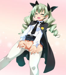 Rule 34 | 10s, 1girl, anchovy (girls und panzer), anzio school uniform, belt, black cape, black necktie, black ribbon, black skirt, cape, cleft of venus, clothes pull, dress shirt, drill hair, dutch angle, emblem, girls und panzer, green hair, hair ribbon, highres, long hair, long sleeves, looking to the side, miniskirt, necktie, open mouth, ouhashi, pantyhose, pantyhose pull, pleated skirt, pussy, red eyes, ribbon, school uniform, shirt, skirt, smile, solo, standing, sweat, twin drills, twintails, white pantyhose, white shirt