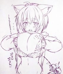 Rule 34 | 1girl, animal ear fluff, animal ears, blood, blush, bra, bra pull, cat ears, clothes pull, commentary request, corrupted twitter file, highres, hololive, jacket, monochrome, navel, nekomata okayu, nipples, nosebleed, onigirya (nekomata okayu), open clothes, open jacket, open mouth, short hair, solo focus, traditional media, translation request, tsukareta san, underwear, virtual youtuber