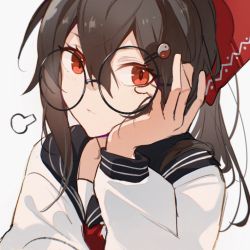 Rule 34 | 1girl, alternate costume, blush, bow, brown hair, closed mouth, commentary request, eyelashes, glasses, hair between eyes, hair ornament, hairpin, hakurei reimu, hanamoto410, hand on own face, hand up, highres, long sleeves, looking to the side, necktie, ponytail, puffy long sleeves, puffy sleeves, red bow, red eyes, red necktie, sailor collar, school uniform, serafuku, shirt, short hair, simple background, solo, touhou, upper body, white background, white shirt, yin yang