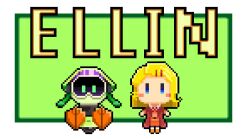 Rule 34 | 1girl, belt, blonde hair, blue eyes, blush stickers, border, character name, collar, collared shirt, commentary request, copyright name, green background, green eyes, hair ornament, hairclip, highres, long sleeves, necktie, orange belt, orange footwear, orange shirt, orange skirt, original, pixel art, red necktie, red scarf, robot, scarf, shirt, short hair, skirt, socks, white border, white collar, white socks, yamato koara
