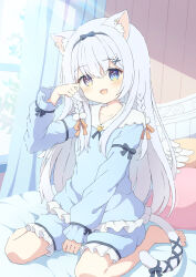 Rule 34 | 1girl, animal ear fluff, animal ears, barefoot, bed, bird wings, blue eyes, blush, bow, braid, cat ears, cat girl, cat tail, day, frills, hair bow, hair ornament, hairclip, highres, indoors, long hair, long sleeves, looking at viewer, open mouth, original, pajamas, puffy long sleeves, puffy sleeves, sidelocks, smile, solo, tail, tyakomes, white hair, wings