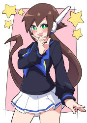 Rule 34 | 1girl, absurdres, aile (mega man zx), alternate costume, blue neckerchief, blush, brown hair, buzzlyears, green eyes, highres, long hair, looking at viewer, mega man (series), mega man zx, neckerchief, open mouth, pleated skirt, skirt, smile, solo, white skirt