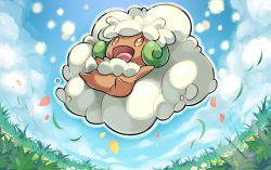 Rule 34 | :d, cloud, commentary request, creatures (company), day, from below, full body, game freak, gen 5 pokemon, grass, happy, hyou (hyouga617), falling leaves, looking up, nintendo, no humans, open mouth, orange eyes, outdoors, petals, pokemon, pokemon (creature), sky, smile, solo, tongue, whimsicott