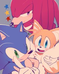 Rule 34 | 3boys, :d, animal nose, blue eyes, blush, fang, fox boy, furry, furry male, gloves, green eyes, index finger raised, knuckles the echidna, looking at viewer, male focus, misuta710, multiple boys, multiple tails, open mouth, purple eyes, smile, sonic (series), sonic the hedgehog, star (symbol), symbol-only commentary, tail, tails (sonic), two tails, white gloves
