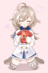 Rule 34 | 1girl, ahoge, animal print, assault lily, asymmetrical legwear, blue sky, blush, box, buttons, closed eyes, commentary request, food, frilled skirt, frills, full body, grey hair, grey thighhighs, hands up, heart, herensuge girls academy school uniform, holding, holding box, inoguchi minto, jacket, kneeling, long hair, long sleeves, looking at viewer, miniskirt, multicolored hair, no shoes, oversized clothes, pink background, pocky, print thighhighs, rabbit print, sasaki ran, school uniform, simple background, skirt, sky, sleeves past wrists, smile, solo, streaked hair, thighhighs, uneven legwear, white jacket, zettai ryouiki