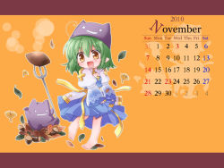 Rule 34 | 1girl, 2010, acorn, arch bishop (ragnarok online), bad id, bad pixiv id, barefoot, blue dress, blush, brown eyes, calendar (medium), chibi, cleavage cutout, clothing cutout, commentary request, cross, deviruchi, deviruchi hat, dress, falling leaves, food, full body, green hair, hair between eyes, hat, hizukiryou, holding, juliet sleeves, leaf, letterboxed, long sleeves, looking to the side, medium hair, november, open mouth, pointy ears, polearm, puffy sleeves, ragnarok online, sweet potato, trident, two-tone dress, weapon, white dress