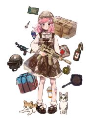 Rule 34 | 1girl, :o, bandaid, bandaid on leg, black bow, black footwear, black headwear, blood drip, bow, bowtie, brown bow, brown bowtie, brown dress, brown eyes, brown headwear, buttons, camouflage, camouflage headwear, cat, character request, collared shirt, commentary, crate, cross, dress, english commentary, explosive, first aid kit, footwear bow, frilled dress, frilled socks, frills, frying pan, full body, grenade, gun, handgun, heart, heart in eye, helm, helmet, highres, holding, holding gun, holding weapon, injury, long sleeves, mary janes, medium hair, molotov cocktail, open mouth, pink hair, playerunknown&#039;s battlegrounds, polka dot, polka dot dress, puffy long sleeves, puffy sleeves, putong xiao gou, red cross, rust, shirt, shoes, short dress, sleeveless, sleeveless dress, socks, solo, strap, striped, striped bow, symbol in eye, syringe, weapon, weapon request, white background, white shirt, white socks