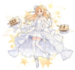 Rule 34 | 1girl, alternate costume, azur lane, bare shoulders, blonde hair, bow, bride, cleveland (azur lane), cleveland (heartfelt moment) (azur lane), detached sleeves, dress, eyebrows, full body, grey background, hao (patinnko), happy, hat, high heels, jewelry, long hair, necklace, official art, open mouth, ornate ring, pearl necklace, red eyes, ring, shoes, smile, solo, star (symbol), thighhighs, top hat, transparent background, wedding dress, wedding ring, white dress