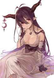 Rule 34 | 10s, 1girl, antenna hair, bad id, bad twitter id, bandages, black gloves, blush, breasts, brown hair, cleavage, danua, draph, dress, fingerless gloves, gloves, granblue fantasy, hair between eyes, horn ornament, horns, jewelry, large breasts, long hair, necklace, open mouth, pointy ears, red eyes, simple background, solo, tamaext, white background