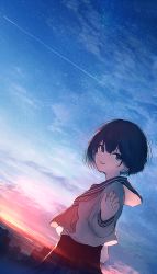 Rule 34 | 1girl, absurdres, black eyes, black hair, blue sailor collar, blue sky, bob cut, breasts, cloud, commentary, contrail, dutch angle, hair ornament, hand up, highres, long sleeves, looking at viewer, mifuru, neckerchief, original, outdoors, parted lips, reaching, reaching towards viewer, red neckerchief, sailor collar, scenery, school uniform, serafuku, shirt, short hair, sky, sleeve cuffs, small breasts, smile, solo, star (sky), starry sky, sunset, upper body, white shirt