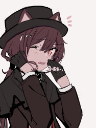 Rule 34 | 1girl, animal ears, arknights, black gloves, black hat, black jacket, cat ears, cat girl, ears through headwear, fang, gloves, half gloves, hands up, hat, highres, jacket, long sleeves, looking at viewer, melantha (arknights), melantha (letters from wessex) (arknights), notice lines, official alternate costume, one eye closed, open mouth, pink eyes, purple hair, simple background, skin fang, solo, tetuw, upper body, white background