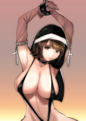 Rule 34 | 1girl, armpits, arms up, bdsm, black neckwear, blunt bangs, bondage, bound, breasts, brown eyes, brown hair, chain, closed mouth, commentary, covered erect nipples, cross, cuffs, curly hair, dytm, elbow gloves, gloves, gradient background, habit, highres, huge breasts, large breasts, lips, looking at viewer, nun, nun (dtym), original, pink gloves, shiny skin, short hair, slingshot swimsuit, solo, swimsuit