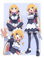 Rule 34 | 1girl, :&gt;, black footwear, black thighhighs, blonde hair, blush stickers, boots, breasts, closed mouth, fang, highres, indian style, large breasts, long hair, long sleeves, looking at viewer, maid, maid headdress, open mouth, original, sharp teeth, sitting, solo, teeth, thighhighs, translation request, upper teeth only, yachima tana