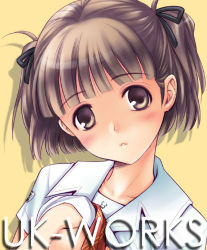Rule 34 | 1girl, aihara nana, face, kimi kiss, school uniform, serafuku, simple background, solo, uk-works, yellow background
