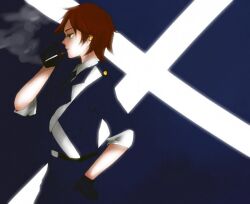 Rule 34 | artist request, black gloves, breasts, earrings, flag, gloves, green eyes, image sample, jewelry, non-web source, red hair, scotland, scotland flag, smoking, solo, uniform, zerochan sample
