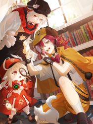 Rule 34 | 1girl, 2boys, :o, absurdres, ahoge, bag, bent over, black choker, black hair, blonde hair, blush, book, bookshelf, boots, bow, bowtie, brown footwear, brown gloves, brown headwear, cabbie hat, candy, candy cane, capelet, cat, cat hat ornament, choker, closed mouth, clover print, collared capelet, collared shirt, commentary, crescent (cgcrescent), crossed bangs, day, deerstalker, detective, dodoco (genshin impact), dress, english commentary, eyelashes, food, food in mouth, genshin impact, gloves, green eyes, hair between eyes, hands up, hat, hat feather, hat ornament, highres, holding, holding magnifying glass, indoors, kaedehara kazuha, klee (genshin impact), kneeling, leaf print, lens flare, light particles, lollipop, long hair, long sleeves, low ponytail, low twintails, magnifying glass, mole, mole under eye, mouth hold, multicolored hair, multiple boys, one eye closed, open mouth, orange capelet, orange shorts, pocket, pointy ears, pom pom (clothes), ponytail, red bow, red bowtie, red dress, red eyes, red hair, red headwear, red scarf, scarf, shikanoin heizou, shirt, short sleeves, shorts, sidelocks, smile, socks, standing, streaked hair, swirl lollipop, twintails, white bow, white cat, white hair, white shirt, white socks, window