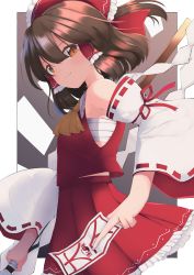 Rule 34 | 1girl, absurdres, ascot, bare shoulders, bow, brown eyes, brown hair, closed mouth, commentary request, cowboy shot, detached sleeves, frilled bow, frilled hair tubes, frills, from side, gohei, hair between eyes, hair bow, hair tubes, hakurei reimu, highres, holding, holding gohei, looking at viewer, medium hair, nazawa (nother), ofuda, red bow, red skirt, red vest, ribbon-trimmed sleeves, ribbon trim, sarashi, sideways glance, skirt, smile, solo, touhou, vest, white sleeves, wide sleeves, yellow ascot, yin yang